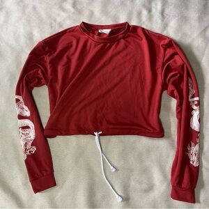 Y2K Cropped Red Long Sleeve T-Shirt Drawstring Waist Dragon Print American Rebel
